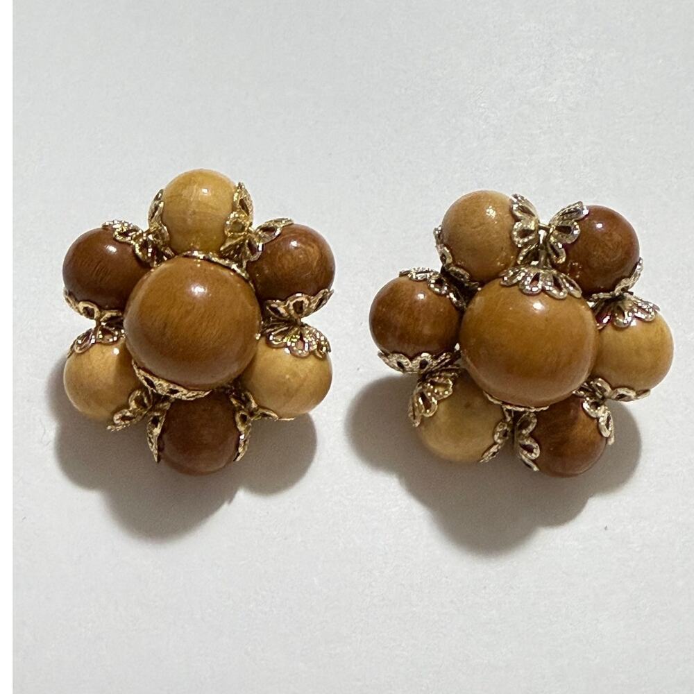 Vintage Japan Wood Bead Cluster Clip-On Earrings